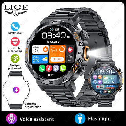 LIGE 2025New Smart Watch Men 360*360 AMOLED HD Screen Waterproof Sport Fitness Watches Flashlight New Smartwatch For Android ios