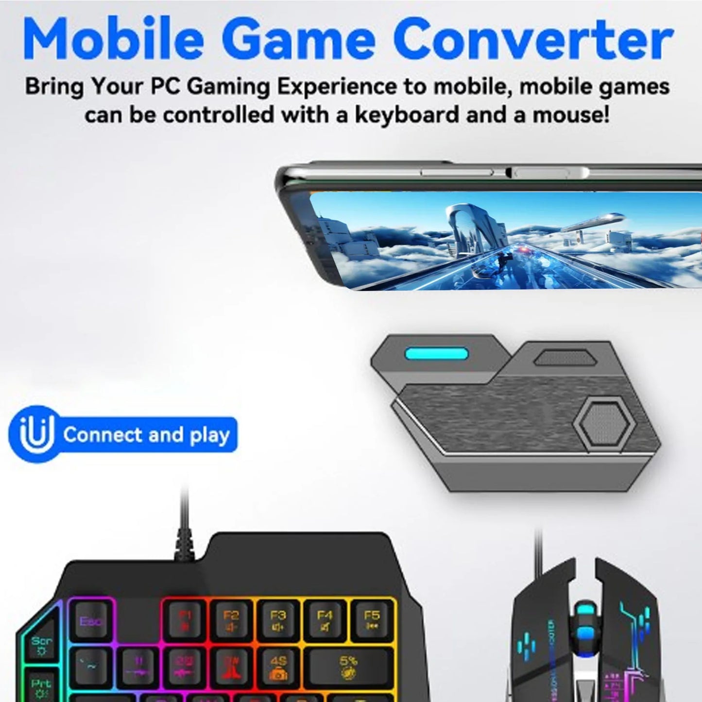 Mobile Game Combo Pack Bluetooth Connection Single Hand Keyboard Mouse Combo Responsive with Adjustable Phone Holder for Gaming