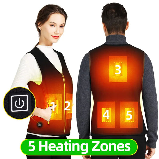 5 Areas Fleece Heated Vest Men USB Electric Heating Vest Women Smart Rechargeable Heated Jacket Outdoor Hiking Heated Clothing