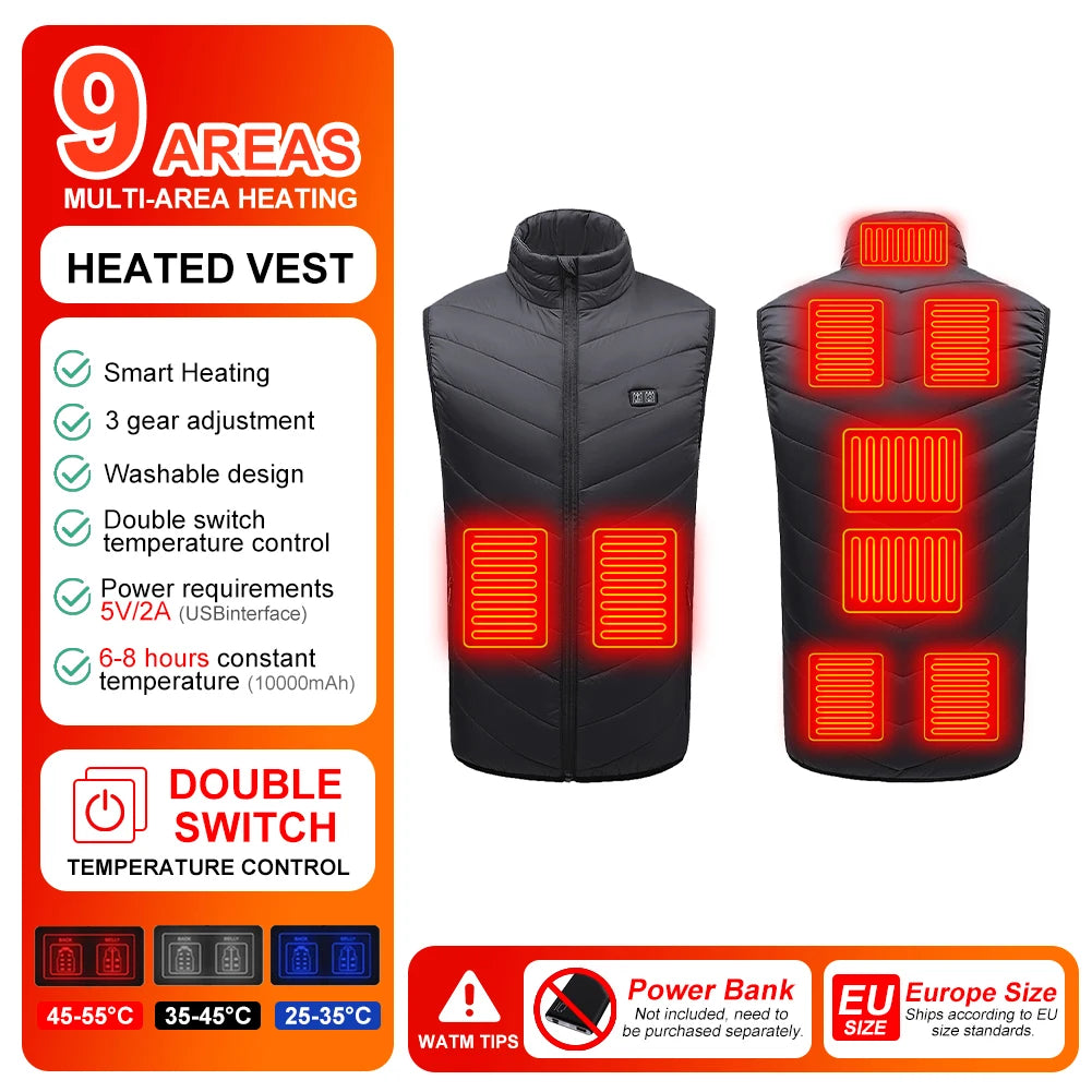 Men Winter Intelligent 9 Heating Vest Jacket USB Electrically Heated Sleeveless Jacket Travel For Outdoor Motorcycle Riding